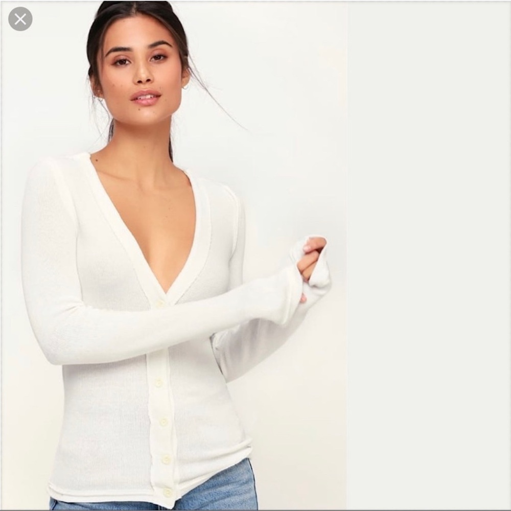 Free People White Button-Up Ribbed Cardigan